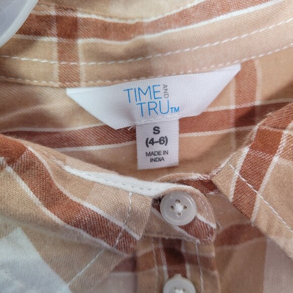 Time & Tru Women's Plaid Button-Up Long Sleeve Shirt Beige Size Small (4-6) - Picture 7 of 11